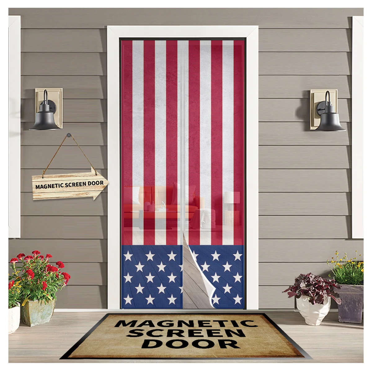 

American Flag Blue Red Stripes Summer Magnetic Mesh Mosquito Screen Door Curtain Anti-Mosquito Net Fly Insect Screen