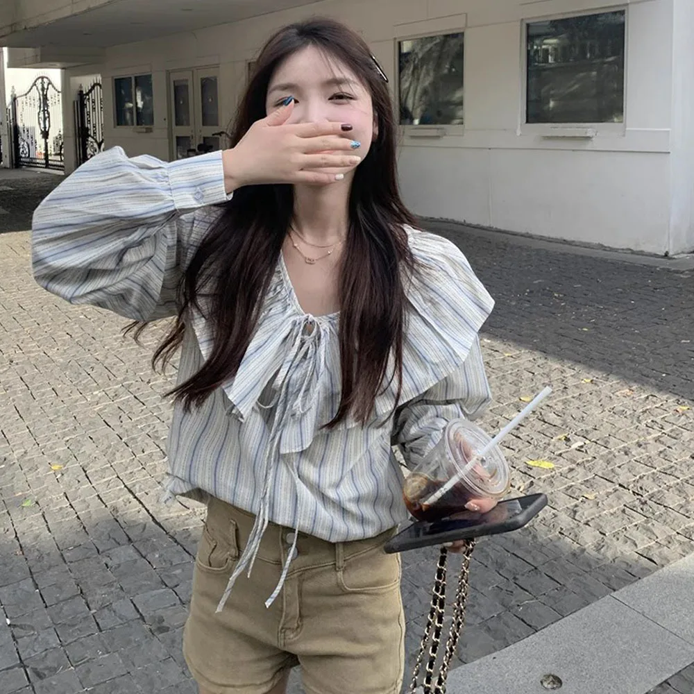 Осенняя полоска с кукольным воротником женские стильные милые топы в японском