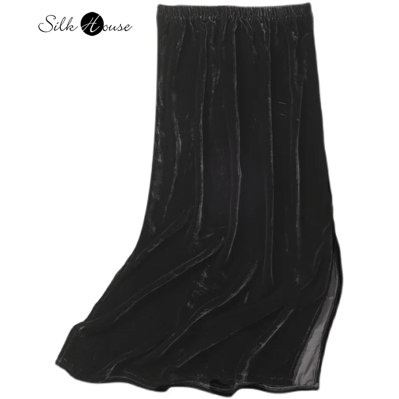 

Шелковая бархатная юбка на осень и зиму, черная эластичная талия из шелка тутового шелкопряда, двусторонняя облегающая бедра, Женская мода ...