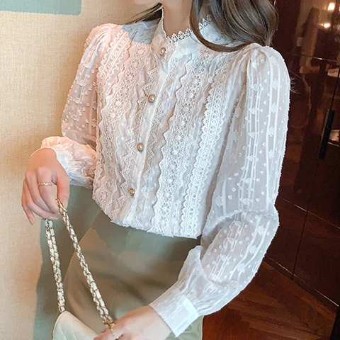 Spring Women Lace White Blouse Shirt Women Tops Long Sleeve Blouse Women Blusas Mujer De Moda 2022 Blouses Women Shirts Top E382