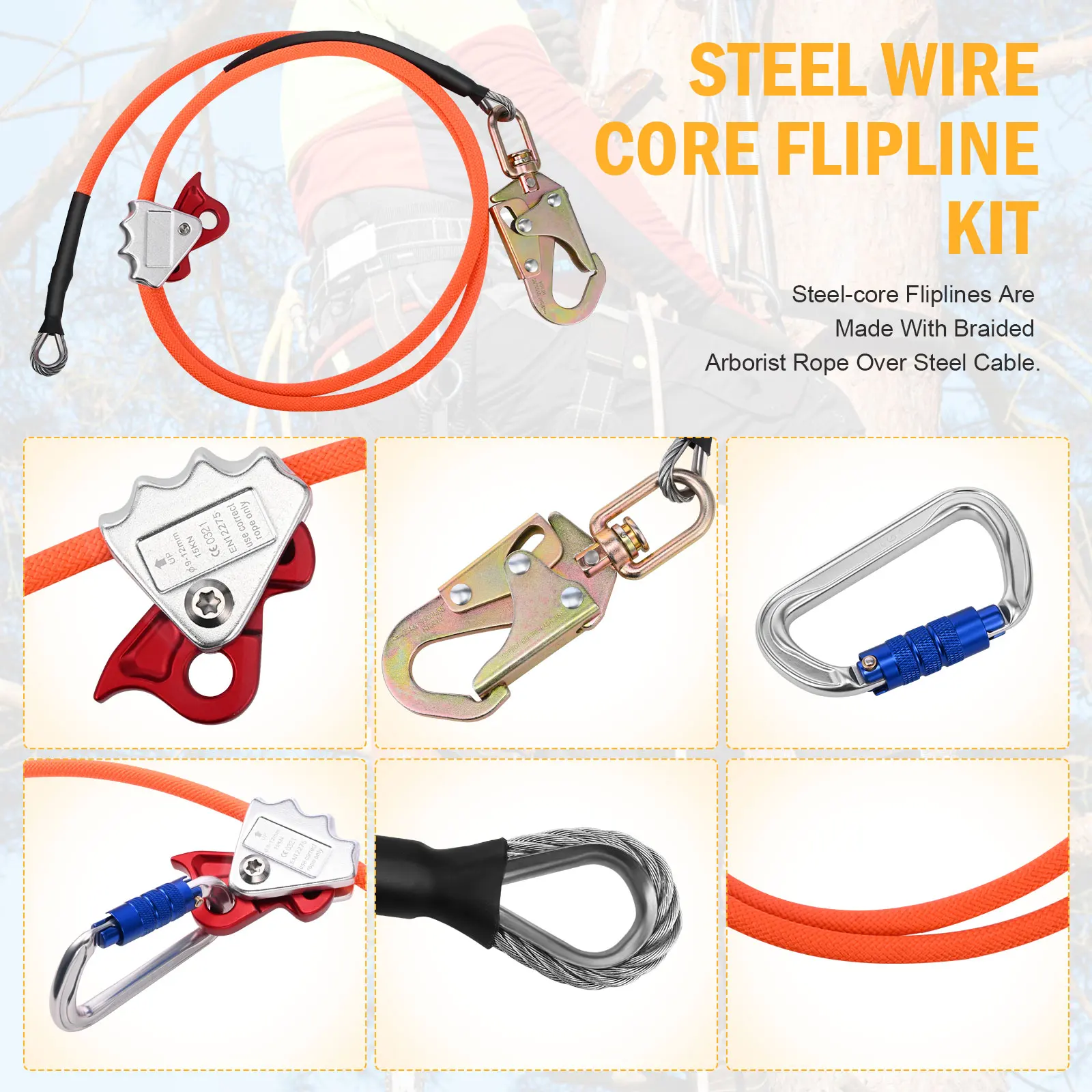 2.4/3/3.6/4.8m Wire-Core Flip Line Kit with Triple Lock Carabiner Adjustable Lanyard Low Stretch for Fall Safeguard Tree Climber