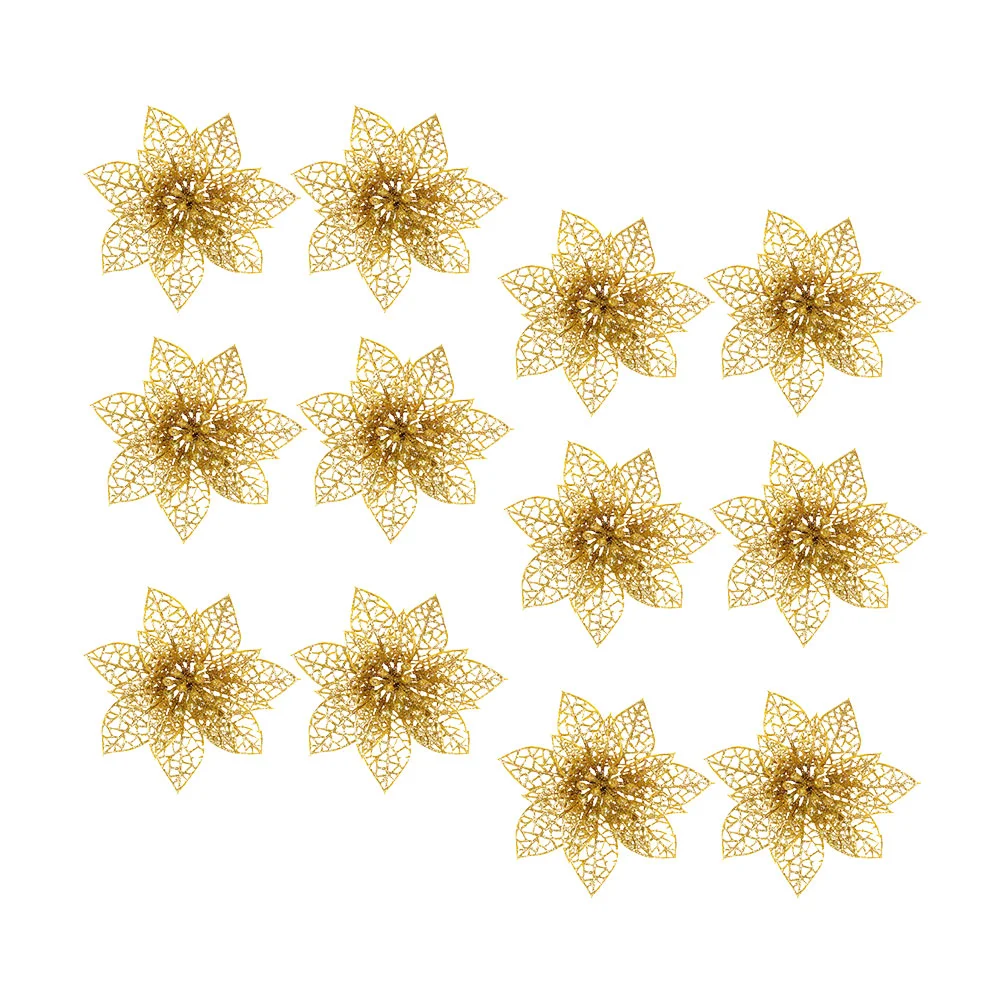 

12 Pcs Christmas Flower Adornment Hollow Out Ornamnet Unique Decorations Glitter