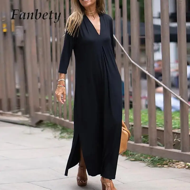 

Женское винтажное плиссированное платье, повседневное простое однотонное длинное платье с длинным рукавом и разрезом, Осеннее свободное платье с V-образным вырезом