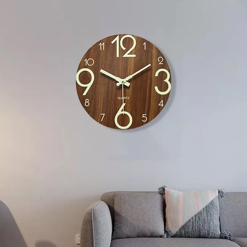 

12 Inch Luminous Wall Clock Silent for Kitchen Living Room Decoration Wooden Glow In Night Number Wall Clock Art Home Decoration