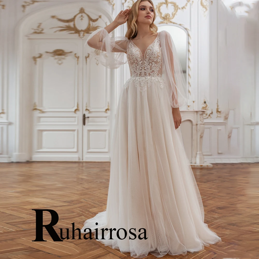 

Ruhair Bohemian Beading V-Neck Wedding Dresses For Women Tulle Illusion Button Appliques Lace Robe De Mariée Formal Brides Gown