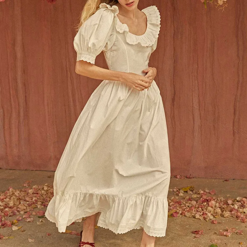 

Женское винтажное платье миди с оборками, белое длинное платье с рукавами-фонариками и круглым вырезом в пасторальном стиле, французское платье с вышивкой, Новинка