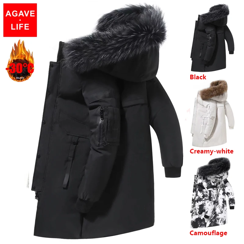 90% White Duck Down Down Jacket Big Fur Collar Male Hooded Coat Winter -30 Degrees Mens Thick Warm Length Down Jacket Wholesale