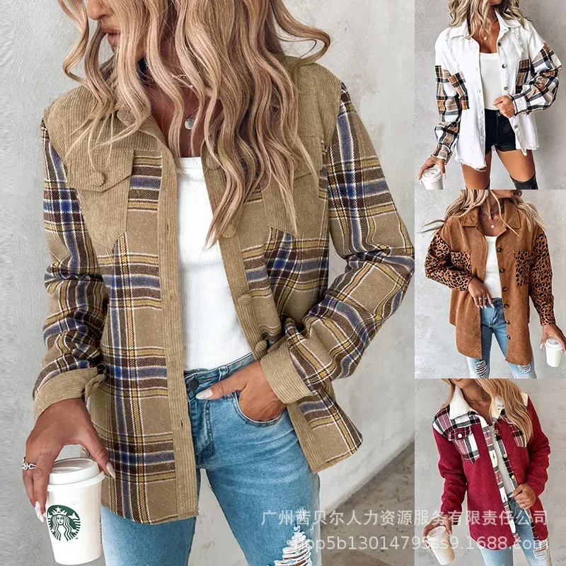 

Women Turn Down Collar Full Sleeve Coats Print Plaid Casual Loose Regular Splice Single Breasted Office Lady Coat Autumn Winter