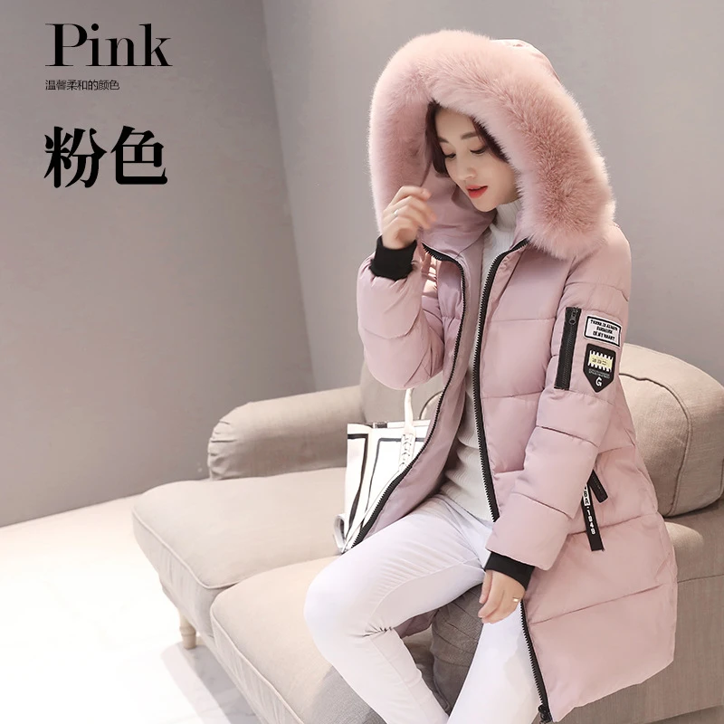 Women's Winter Long Cotton Jacket Padded Korean Style Large Faux Fur Collar Hooded Thicken Parka Warm Loose Women Padded Jacket