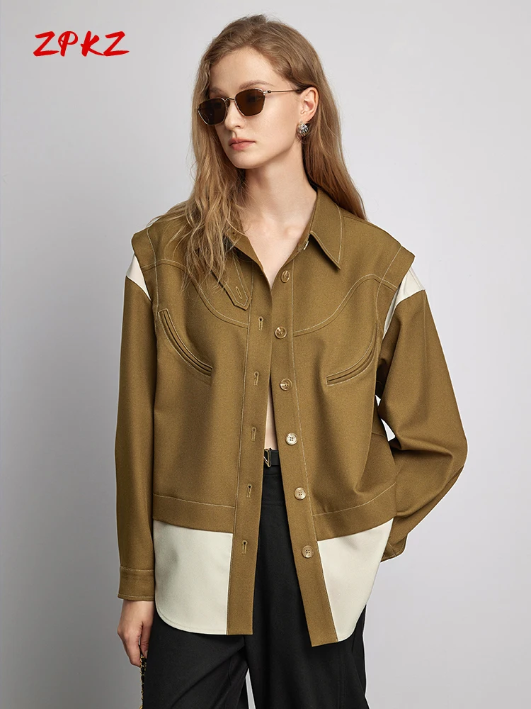

ZPKZ Vintage Brown Women Blouse Autumn New Fashion Temperament Contrast PaneledFake Two Loose Top Female Slimming Shirts