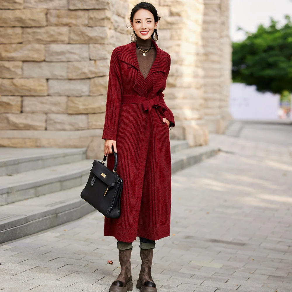 Women's Elastic Knitted Cardigan Winter New Style Warm and Thin Long Coat