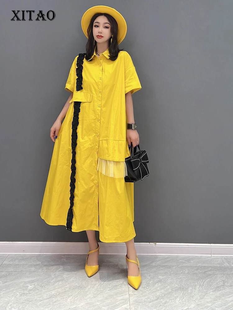 

XITAO Single Breasted Dress Fashion Women Mesh Short Sleeve Solid Color Vintage Pocket Goddess Fan Casual Style Dress ZY7520