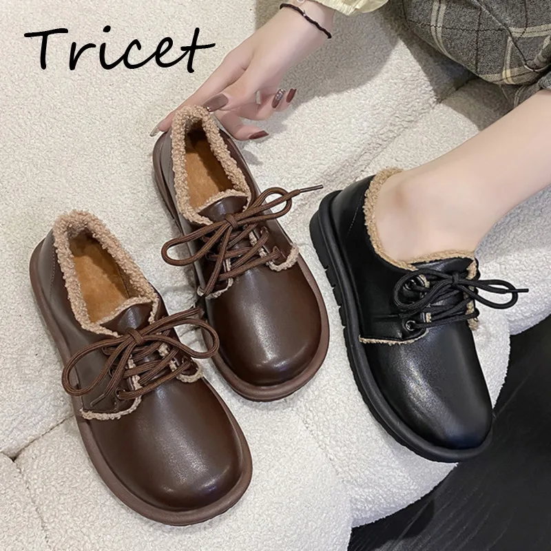 

Туфли женские зимние на шнуровке, плюшевые лоферы, плоская подошва, без каблука, однотонная Нескользящая форма, Повседневная Теплая обувь