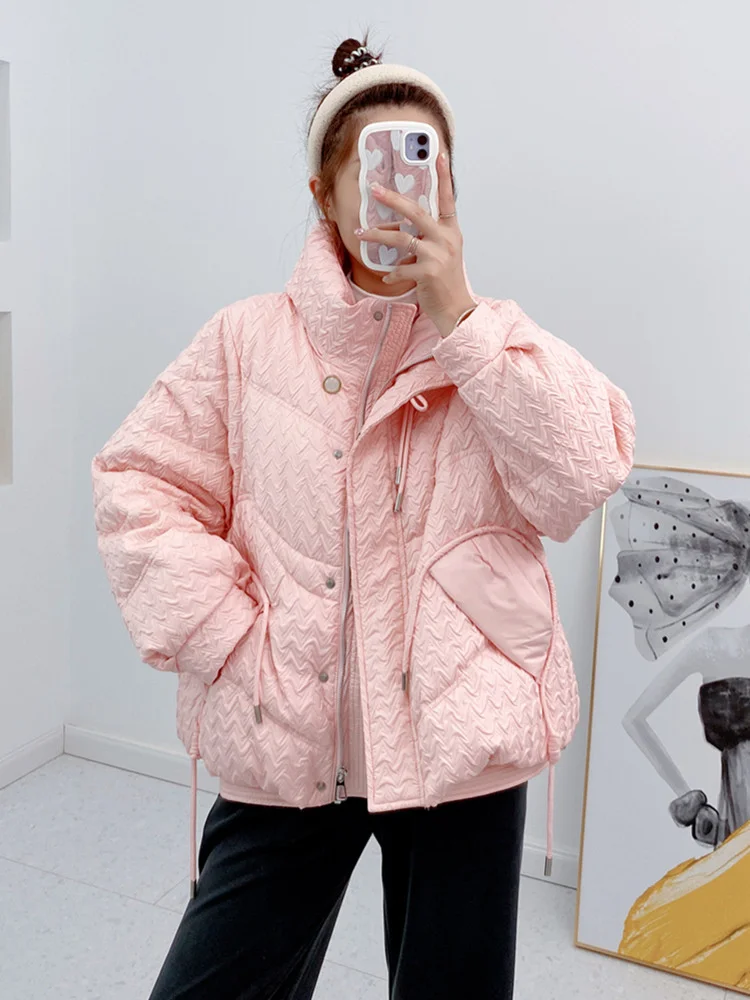 Winter Female Casual Loose Puffer Parka Snow Outwear Stand Collar Drawstring Solid Jacket Women White Duck Down Coat