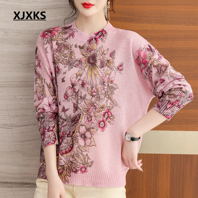 

Осень-зима 2022, новинка, женский свитер XJXKS, шерстяной вязаный пуловер, топ с цифровой печатью