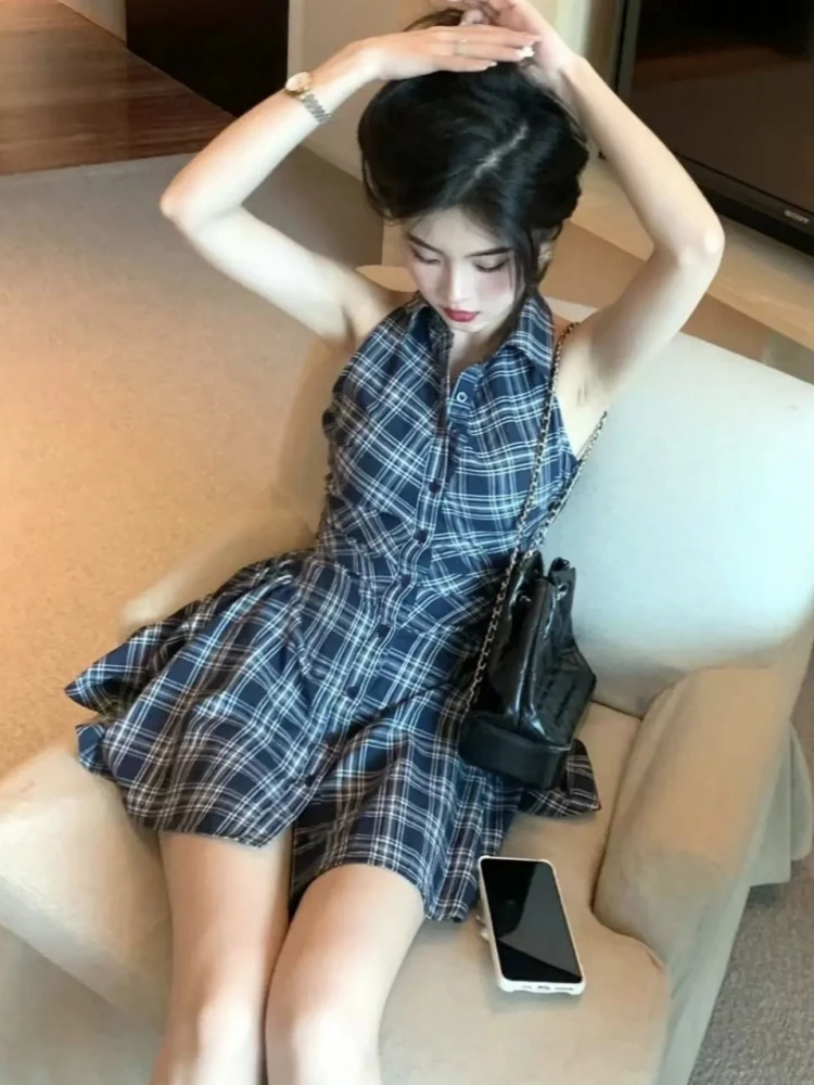 

Sweet and spicy retro Plaid sleeveless dress women's new summer waist slim sexy pure desire style vest shirt skirt