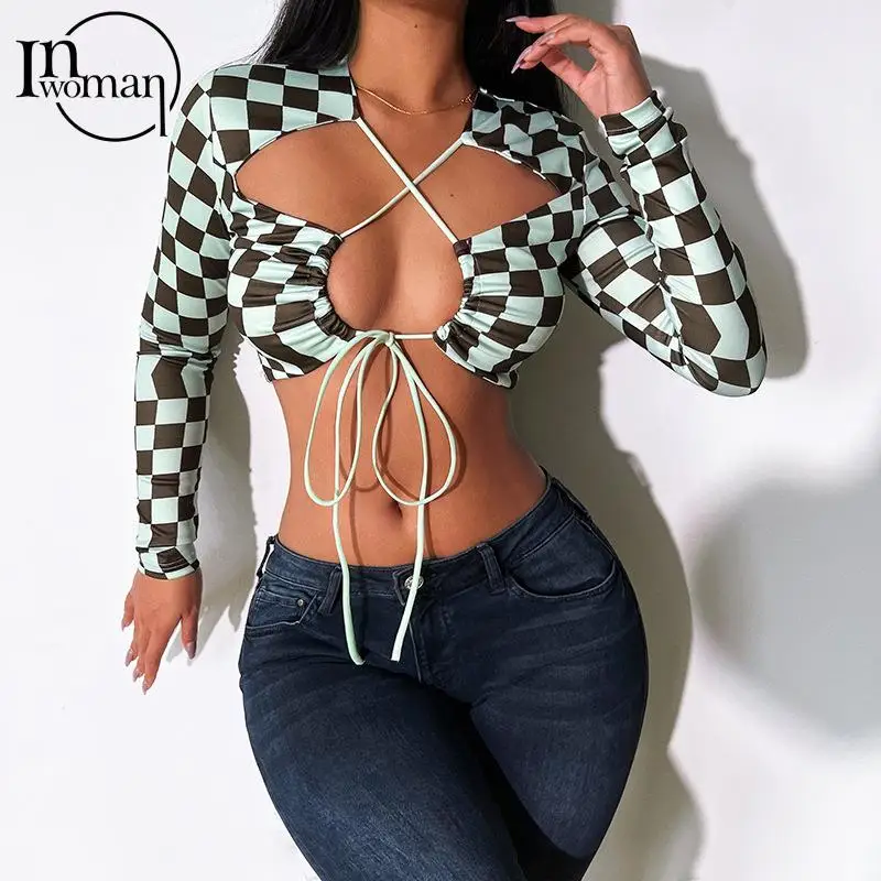 

Inwoman Spring Plaid Print Green Corset Tank Tops Women 2022 Hollow Out Sexy Long Sleeve Crop Top Ladies Bandage Drawstring Top