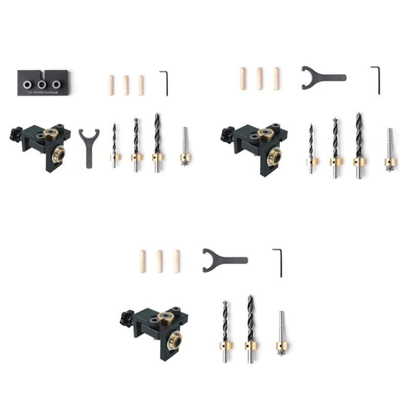

3 in 1 Drilling Locator Puncher Tool,Doweling Jig Drill Kit with 8/10/15mm Hole,Pocket Hole Jig Kit,3 Holes Joints Tools R9UF