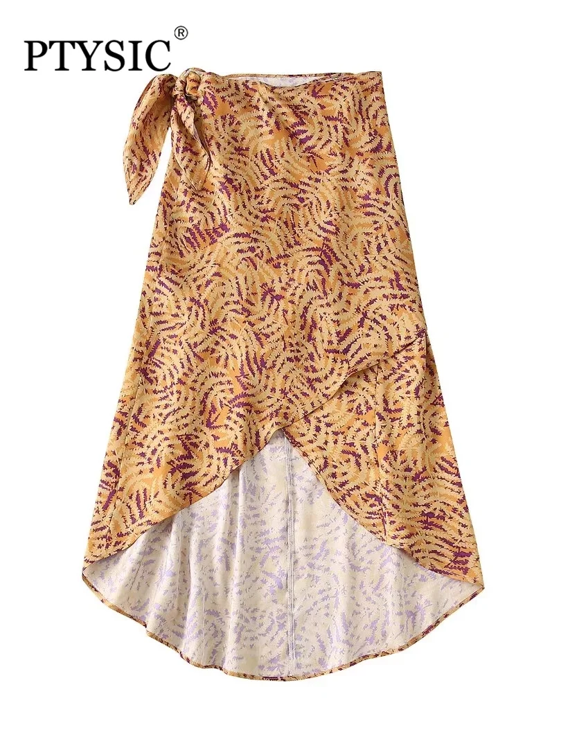 

PTYSIC Women Fashion With Print Sarong Asymmetrical Skirts 2022 Summer New Side Zipper Fly Casual Female Bottoms Mujur