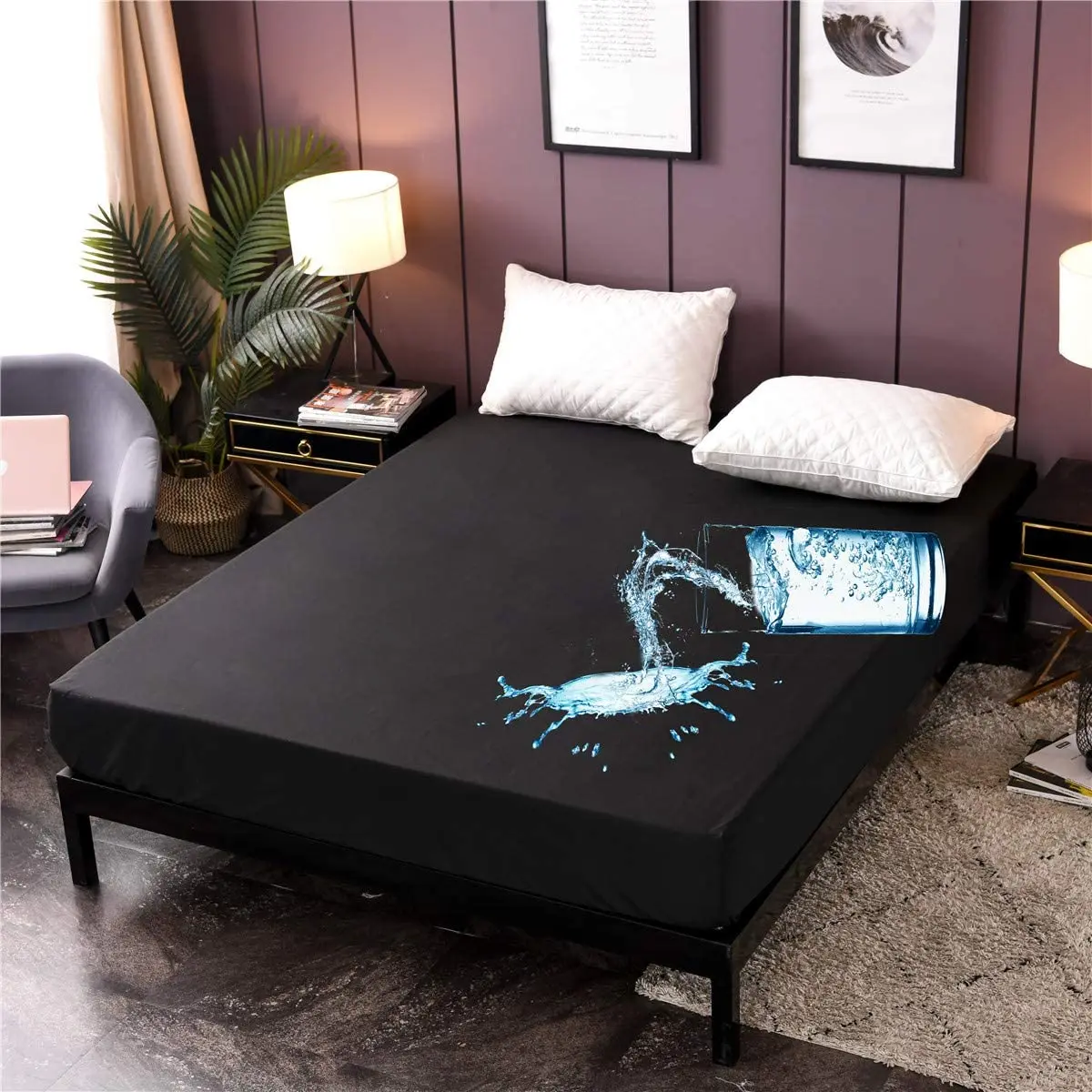 

Black Waterproof Mattress Protector Cover Queen King Size Deep Pocket Polyester Bed Cover Solid Color Fitted Sheet