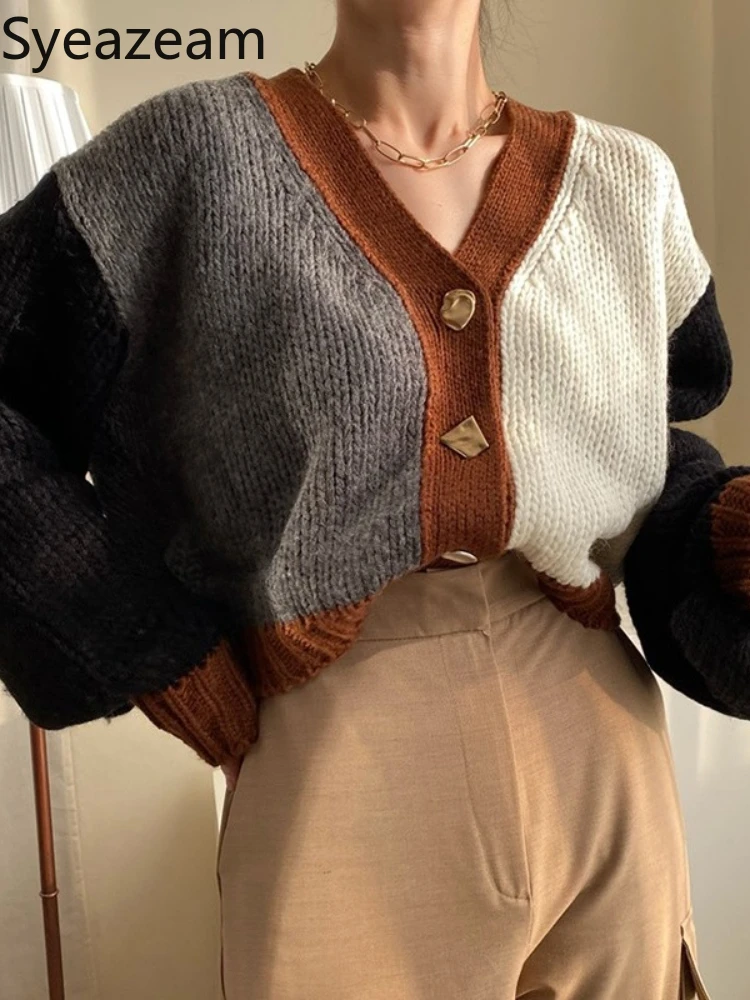 

Syeazeam Korean Chic Cardigan Women Autumn/winter Retro V-neck Button Contrast Color Loose Short Lantern Sleeve Knitted Sweater