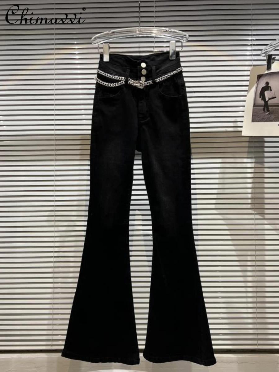 

Feminine New Fashion 2022 Autumn New Elegant Socialite Chain Stretch Slim Flared Jeans Women's High Waist Slim Black Pants