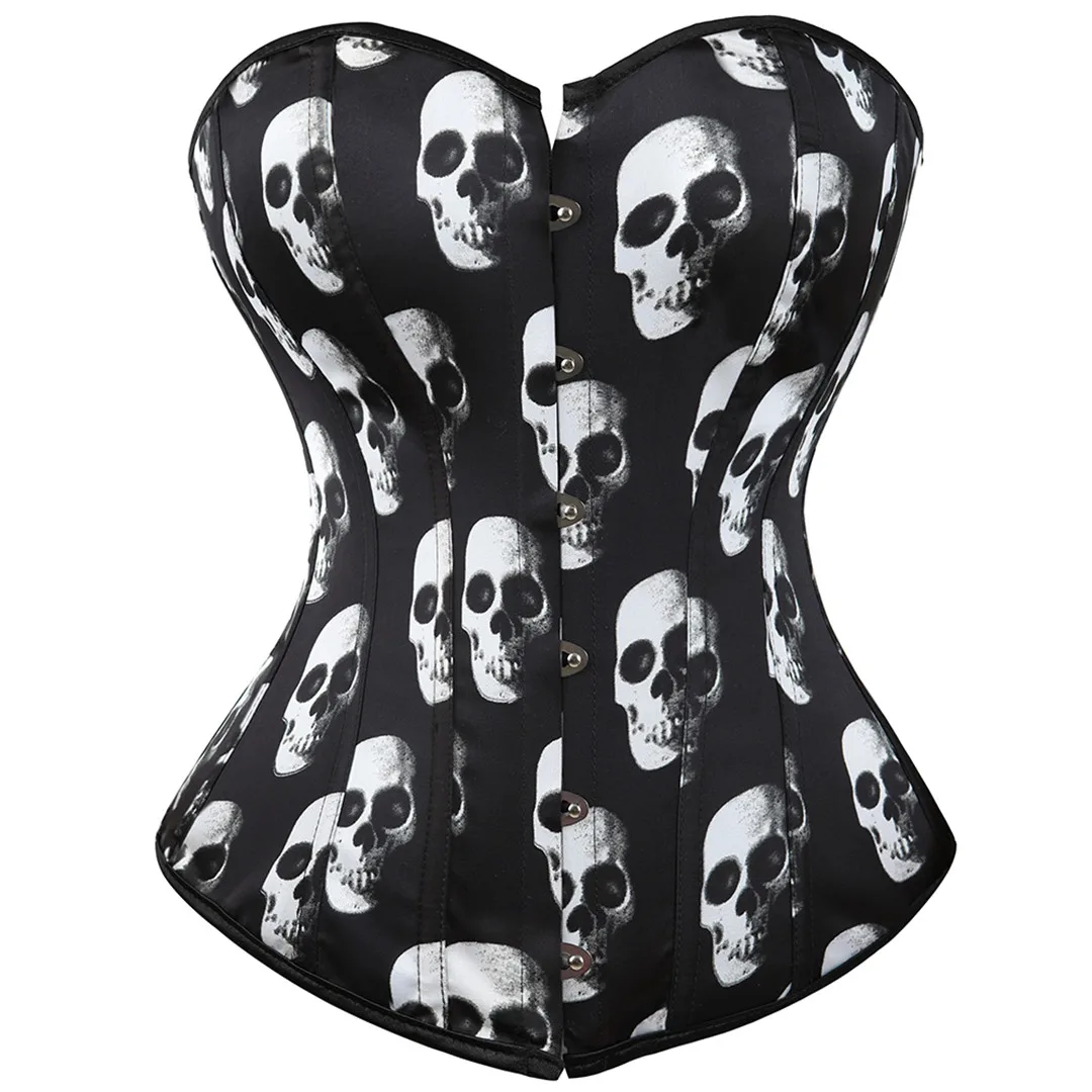 Overbust Corset Skull LingerieTop Women Plus Size Burlesque Sexy   Lace-up In Back Black S-6XL