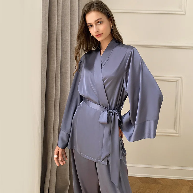 Women Robes with Sashes Set Wrist Sleep Tops Satin Pants Loose Pajamas Casual Sleepwear Female Home Suits