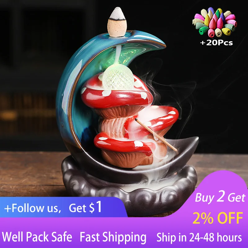 

Ceramic Crafts Incense Burner Creative Moon Kiln Glazed Mushroom LED Lamp Backflow Incense Burner Home Furnishings
