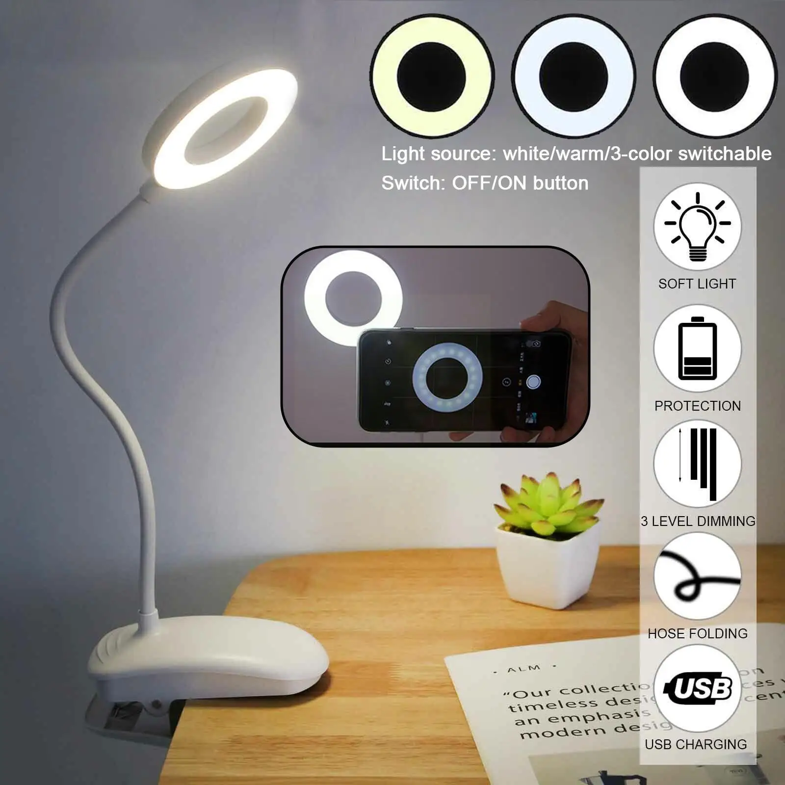 

Clip Book Light Rechargeable Led Eye Reading Ring Table Students Night Lamp Light Bedroom Lamp Learning Light O4q7