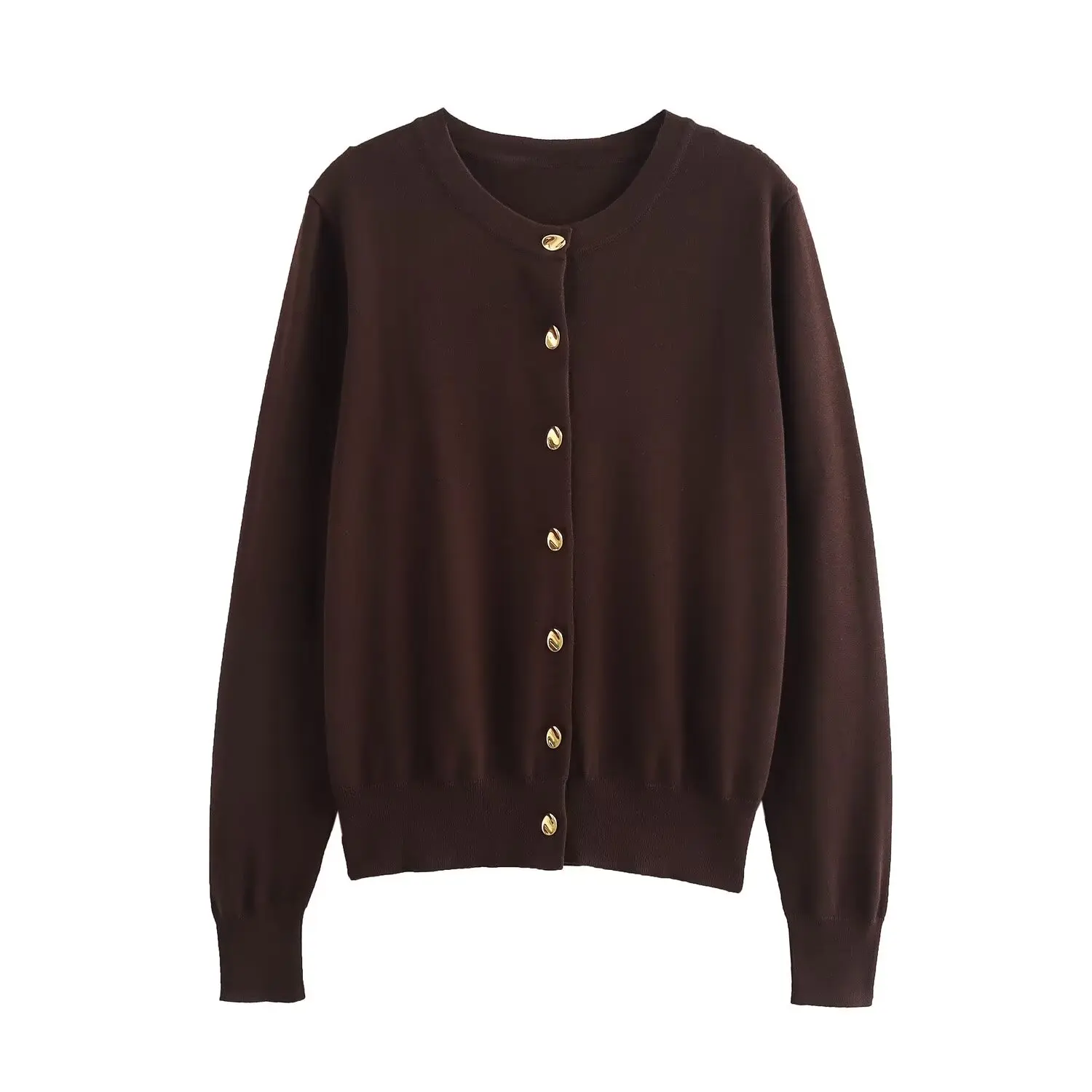 Женский Монохромный Золотой Трикотажный Кардиган С Глубоким V-образным Вырезом