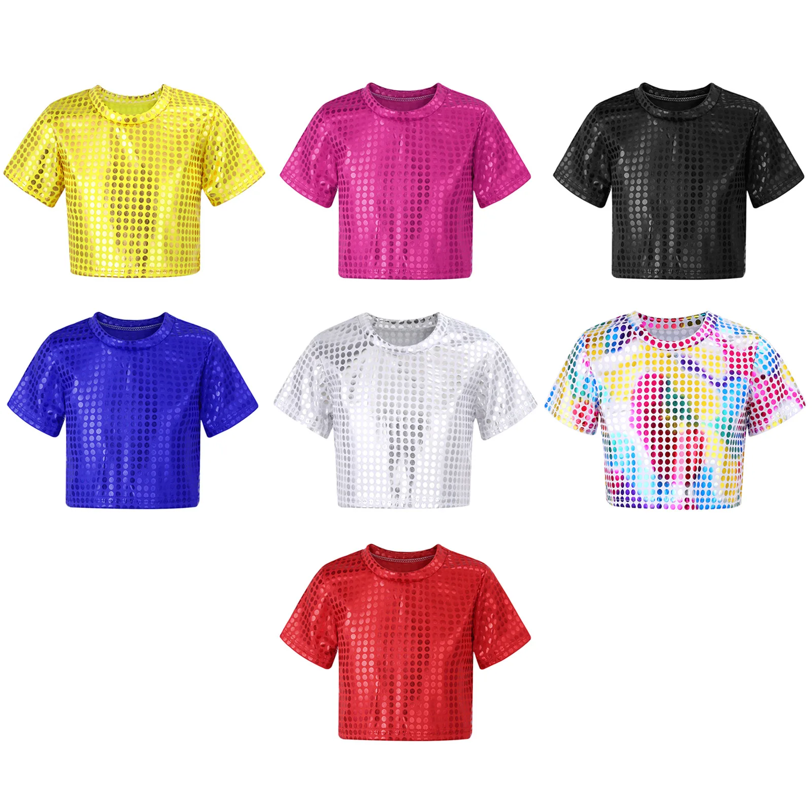 Jazz Dance Costumes Kids Boys Girls Shiny Sequins Short Sleeve Solid Color T-shirt Crop Tops Street Dance Stage Performance Wear