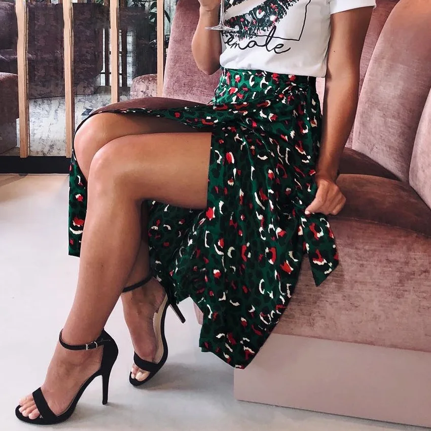 Vintage Leopard Print Long Skirts Women High Waist Midi Skirt Bow Tie 2021 Summer Sexy Split Wrap Skirt Ladies Green Beach