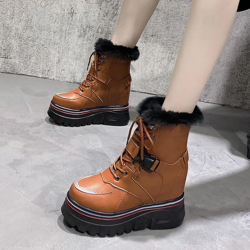 

New Boots Ladies Winter New Round Head British Style Thick Soles Casual Warm Velvet Boots Platform Boots Gothic Womens Boots