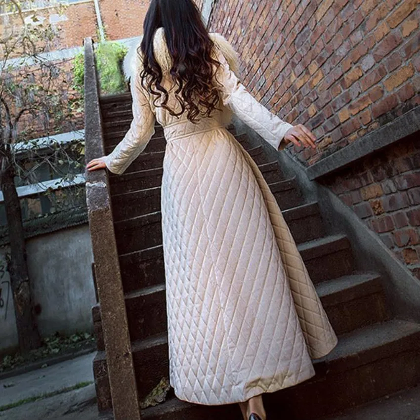 Autumn Winter Women's X-Long Coat New Slim Big Swing Warm Natural Wool Collar Diamond Parka for Ladies High Waist