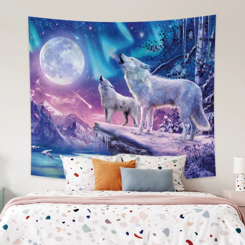 

Wolf Animal Tapestry Wall Hanging Boho Home Decor Aesthetic Mandala Hippie Moon Room Large Tapestry Blanket Bedroom Decoration