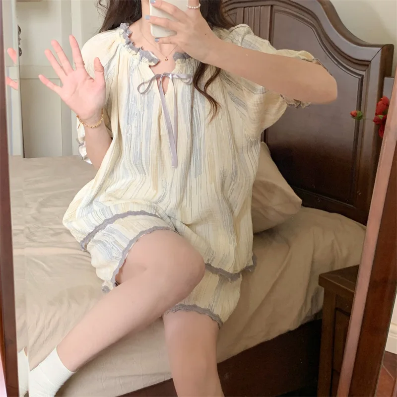 Pajamas for Women's Summer Pure Cotton Cute Short-sleeved Shorts French Pure Desire Princess Style Home Service Suit Loungewear