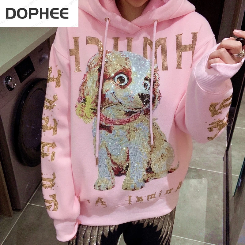 Luxury Streetwear Women Sweatshirt 2022 New Autumn Winter Blingbling Cartoon Dog Wings Hooded Top Fleece Yellow Hoodie Casual