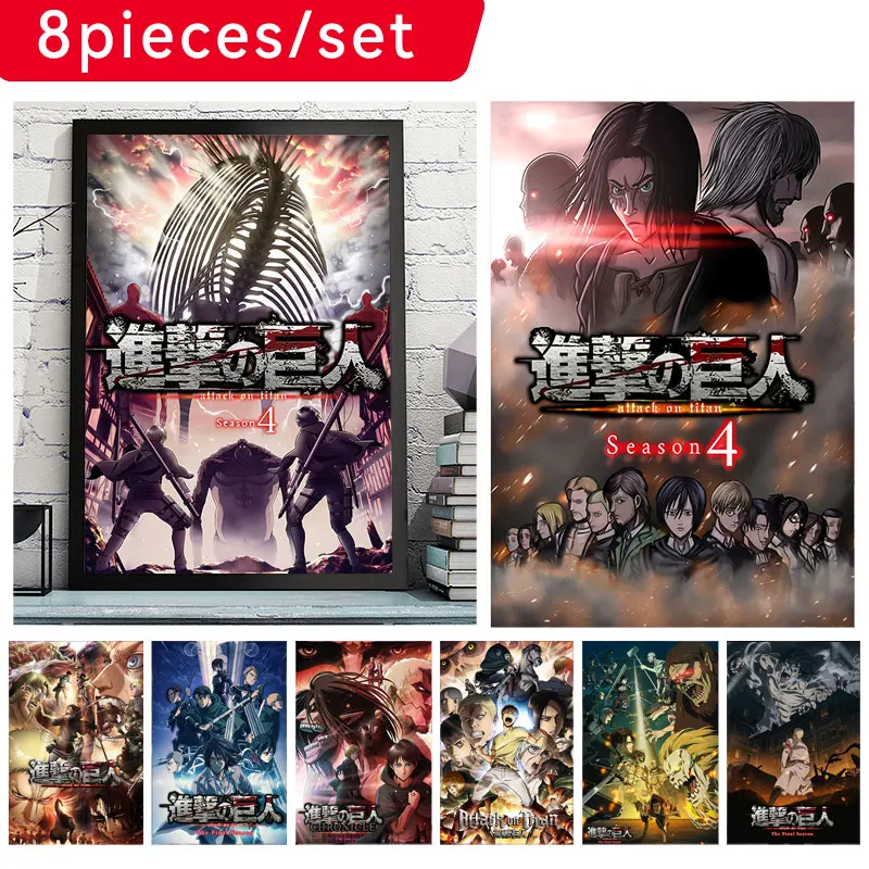 

8Pcs Hot Posters Anime Titans Attack Character Home Glueless Suit Wall Sticker Decoration For The Room White Poster Picture Core
