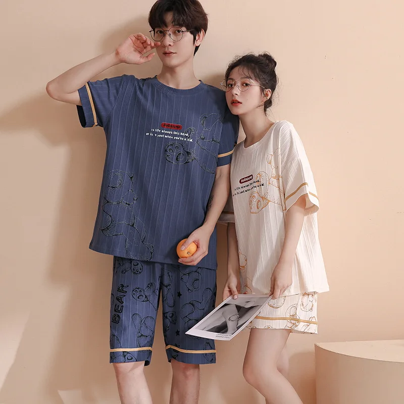 Pajamas for Women and Men Cotton Summer Thin Short-sleeved Round Neck Cartoon Skin-friendly Short Pants  Sexy Nightwear Pj Sets