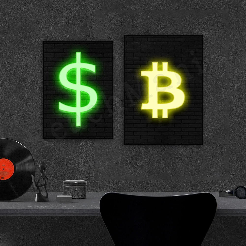 

Abstract Gold Bitcoin Neon Print Poster Wall Art Canvas Wall Living Room Modern Home Decor Frameless
