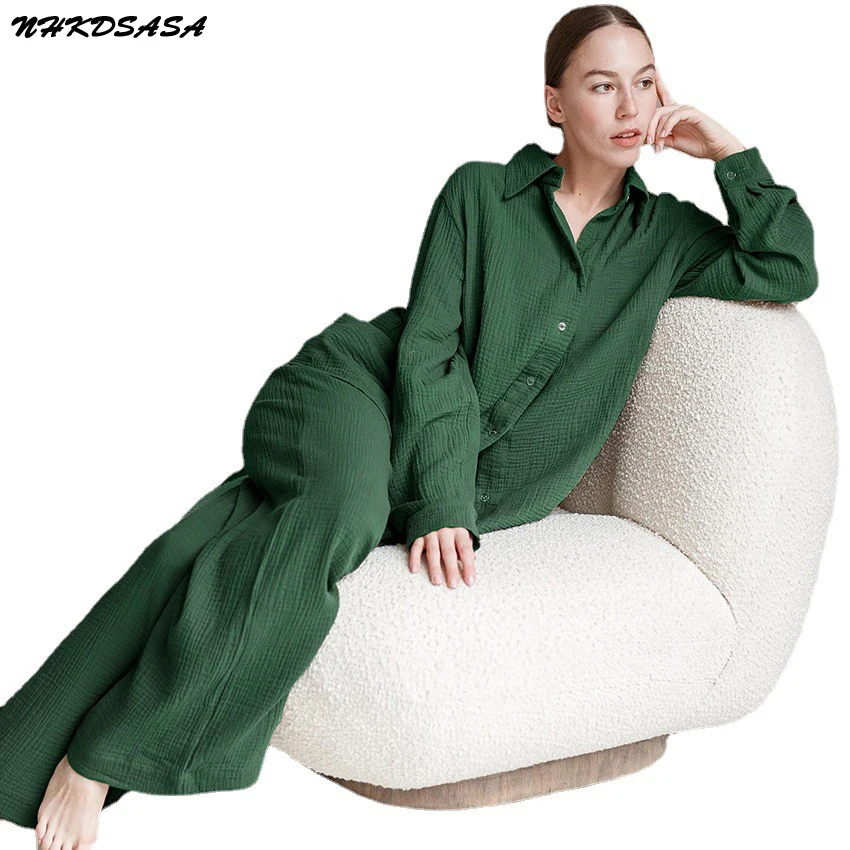 

NHKDSASA Cotton Pajamas Women Casual Sleepwear Spring Autumn Loungewear Long-sleeved Trousers Fashion Home Clothing Homewear