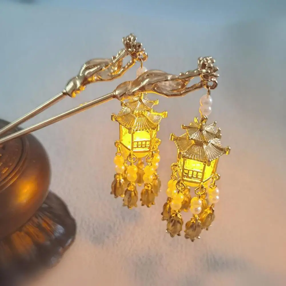 

1pc Retro Chinese Style Luminous Trendy Lantern Tassel Stick Antique Hairpin Pavilion Headdress Women Lamp Pendant Gifts Ha P5H5