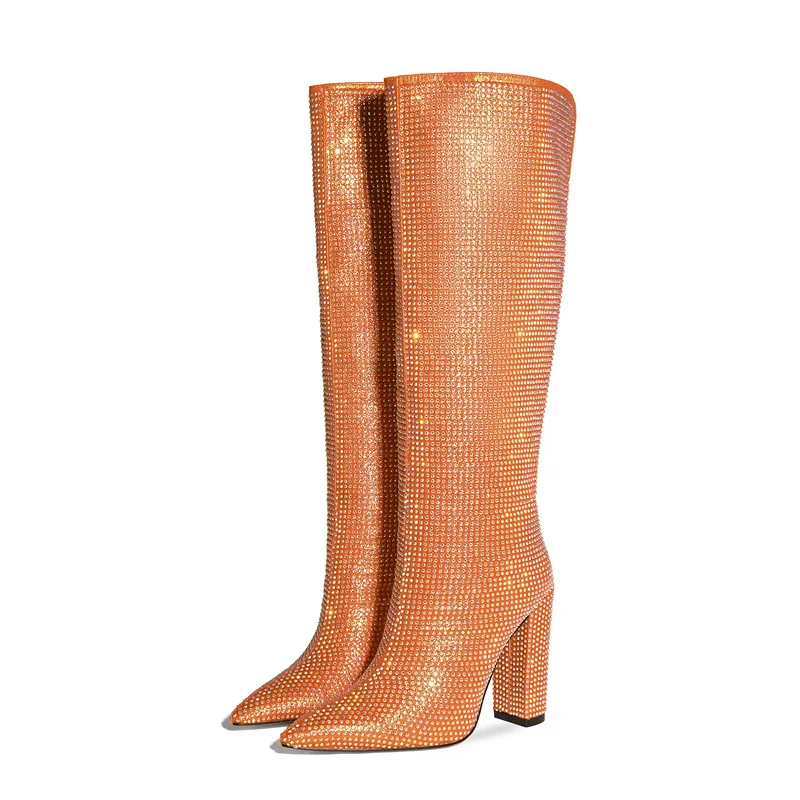 Женские сапоги со стразами обувь на толстом квадратном каблуке 11 см Прямые до