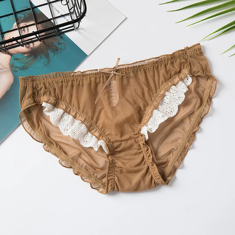 Girls Hip-lifting Pure Color Lace-trimmed Panties Japanese Transparent Mesh Soft Low-rise Sexy Underwear See-through Ruffled New | Женская