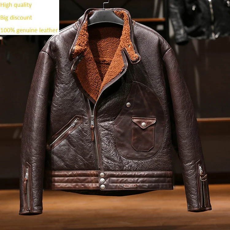 

luxury 100% genuine 2023 horsehide with top layer sheep one piece male stand collar Ami khaki inclined zipper leather fur high q