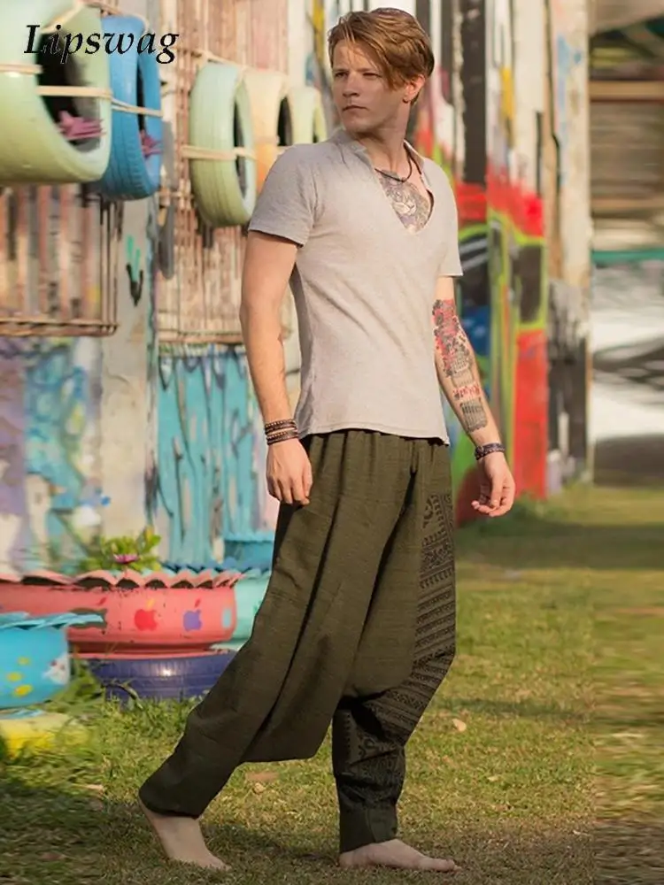 

Vintage 2022 Spring Pattern Print Mens Loose Harem Pants Fashion Loose Trousers Summer Casual Mid Waist Pants Streetwear For Men