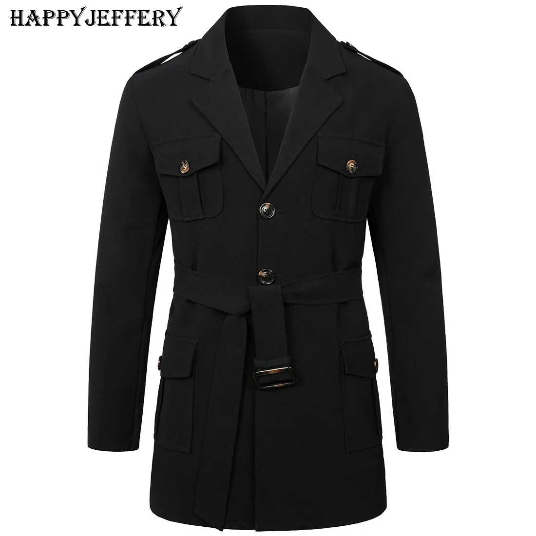 

Mens Spring Autumn Windbreak Overcoat Long Trench Coats with Belt for Men Male Pea Coat Double Breasted Peacoat W05