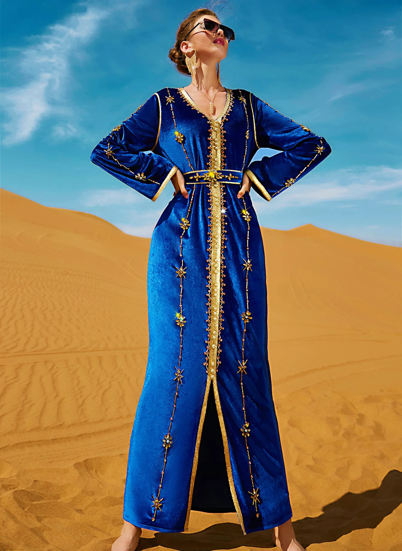 

Winter Luxury Evening Dress Kaftan Women Handsewn Diamonds Moroccan Caftan Belted Muslim Dubai Abayas Arab Saudi Gulf Party Gown