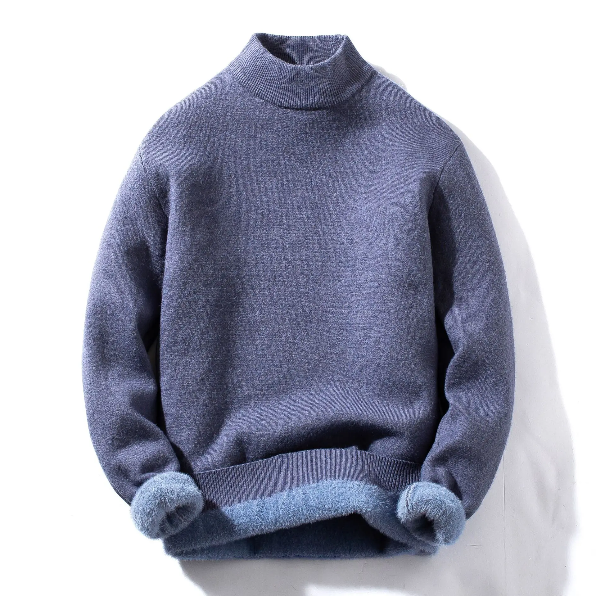 

Men's Fleece Sweater Plus Velvet Thickened Half Turtleneck Autumn and Winter Korean Version Fleece Bottoming Knitted Sweater